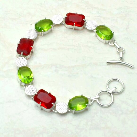 Garnet Peridot Gemstone Handmade Bracelet Jewelry 18 Gms - Picture 1 of 1